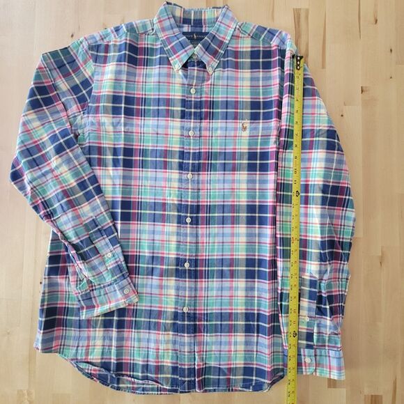 Ralph Lauren Classic Fit Button Down Dress Shirt XL Plaid Red Blue Flesh Pony - Picture 6 of 12